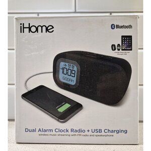 iHome Bluetooth Alarm Clock Radio with USB Charging Black Speakers and Alarm